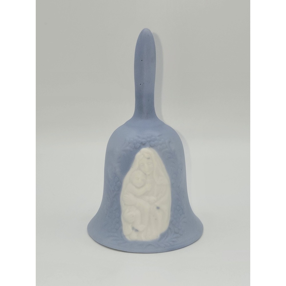 Bisque Porcelain Bell Madonna Child Blue Relief Religious Figurine 5.25"